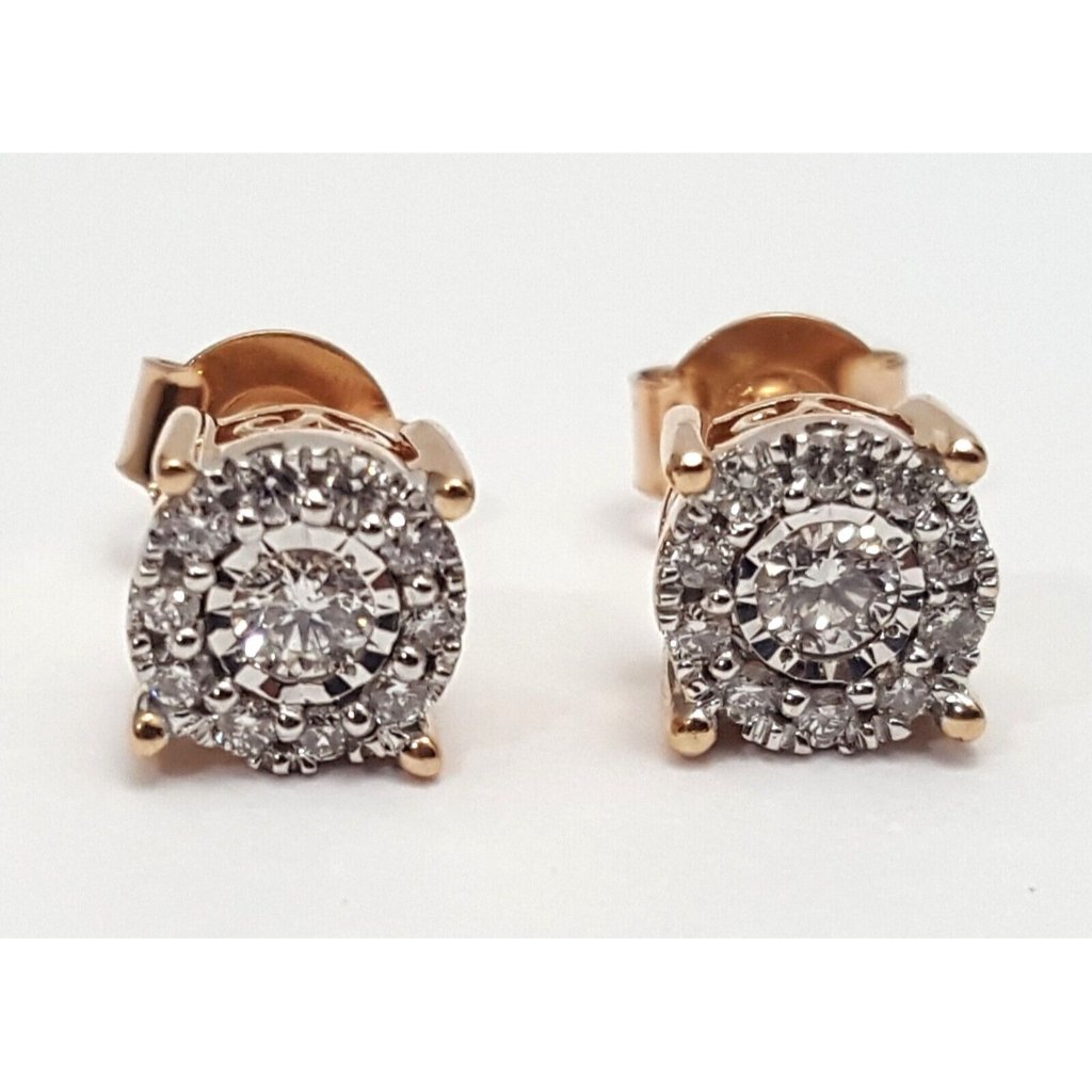 14k Solid Two Tone Multi Color Gold Designer Round Diamond Cluster Stud Earrings